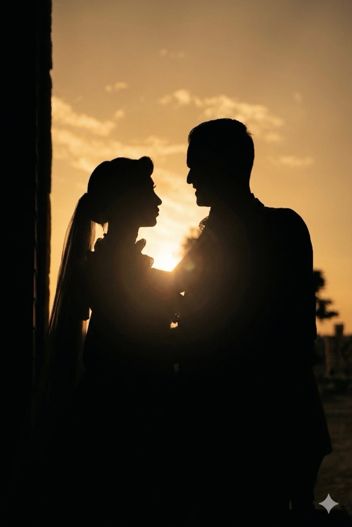 Romantic silhouette of bride and groom face to face against a warm golden sunset sky